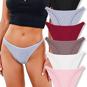 FINETOO Cotton High Cut String Underwear for Women - Breathable Low Rise Hipster Cheeky Bikini Panties (S-XL) - 6 Pack
